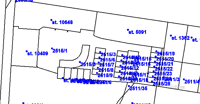 Parcela st. 2515/3 v KÚ Pardubice, Katastrální mapa
