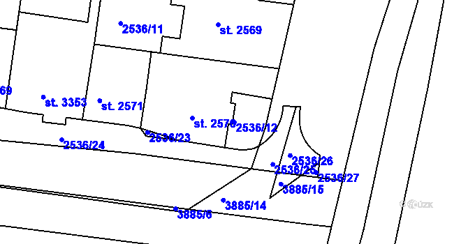 Parcela st. 2536/12 v KÚ Pardubice, Katastrální mapa