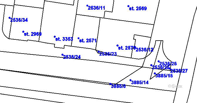 Parcela st. 2536/23 v KÚ Pardubice, Katastrální mapa