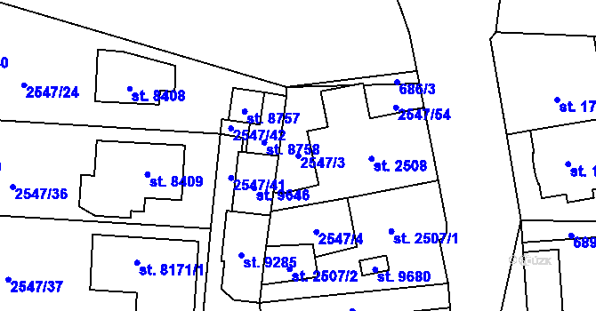 Parcela st. 2547/3 v KÚ Pardubice, Katastrální mapa