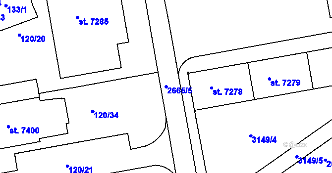 Parcela st. 2665/5 v KÚ Pardubice, Katastrální mapa
