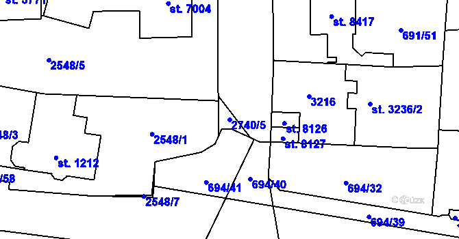 Parcela st. 2740/5 v KÚ Pardubice, Katastrální mapa