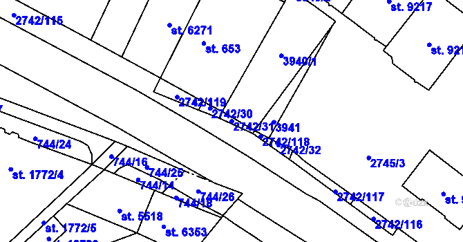 Parcela st. 2742/31 v KÚ Pardubice, Katastrální mapa