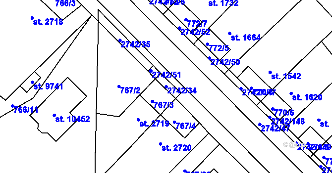 Parcela st. 2742/34 v KÚ Pardubice, Katastrální mapa