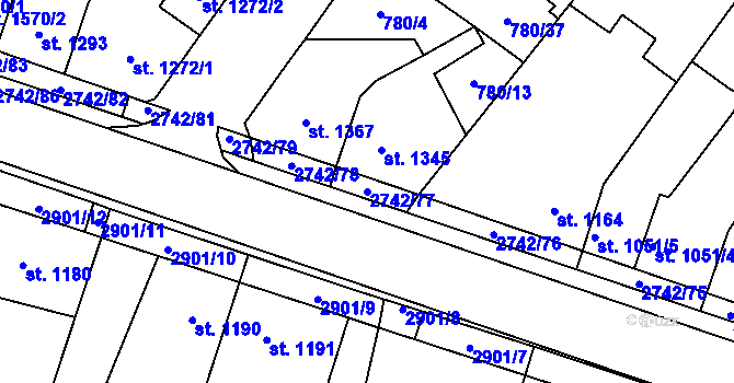 Parcela st. 2742/77 v KÚ Pardubice, Katastrální mapa