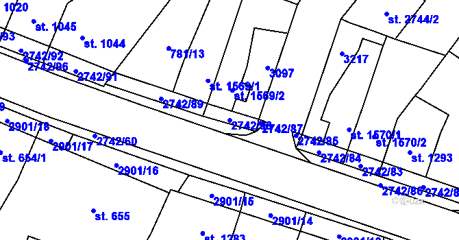 Parcela st. 2742/88 v KÚ Pardubice, Katastrální mapa