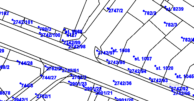 Parcela st. 2742/97 v KÚ Pardubice, Katastrální mapa