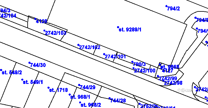 Parcela st. 2742/101 v KÚ Pardubice, Katastrální mapa