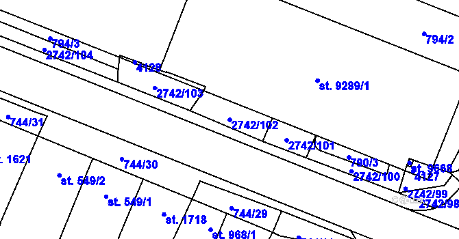 Parcela st. 2742/102 v KÚ Pardubice, Katastrální mapa