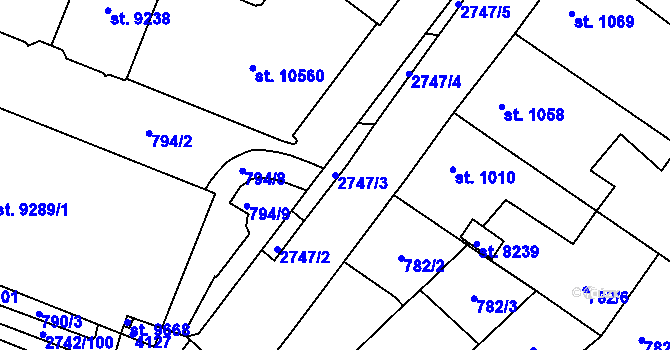 Parcela st. 2747/3 v KÚ Pardubice, Katastrální mapa