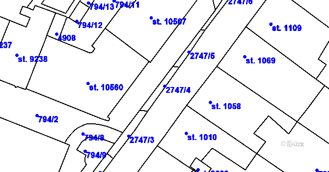 Parcela st. 2747/4 v KÚ Pardubice, Katastrální mapa