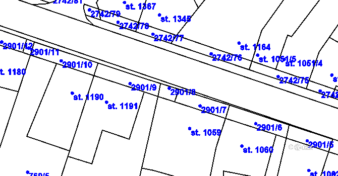 Parcela st. 2901/8 v KÚ Pardubice, Katastrální mapa