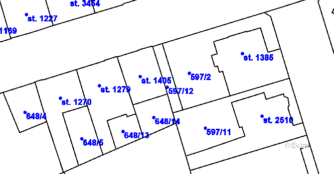 Parcela st. 597/12 v KÚ Pardubice, Katastrální mapa