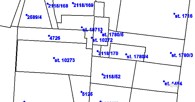 Parcela st. 2118/170 v KÚ Pardubice, Katastrální mapa