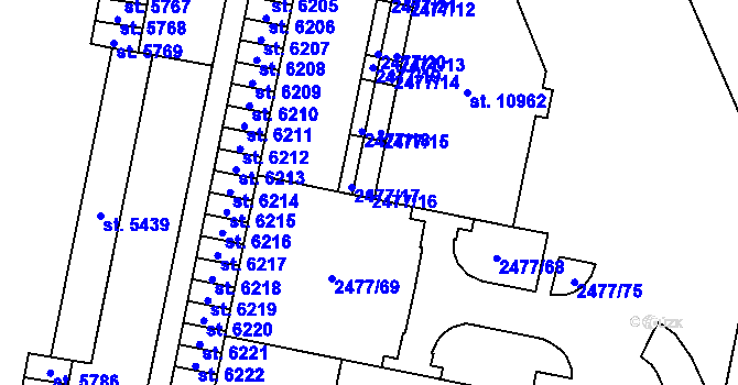 Parcela st. 2477/16 v KÚ Pardubice, Katastrální mapa