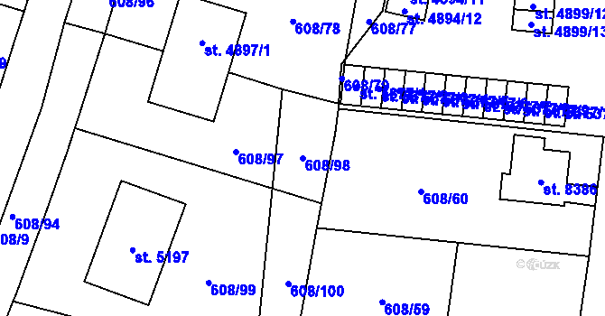Parcela st. 608/98 v KÚ Pardubice, Katastrální mapa