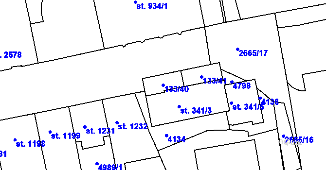 Parcela st. 133/40 v KÚ Pardubice, Katastrální mapa