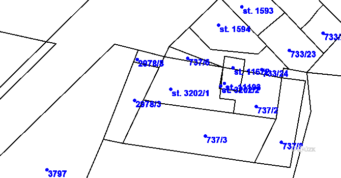 Parcela st. 3202/1 v KÚ Pardubice, Katastrální mapa
