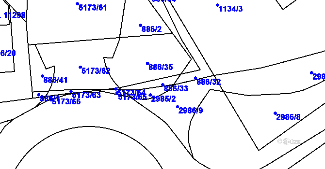 Parcela st. 886/33 v KÚ Pardubice, Katastrální mapa