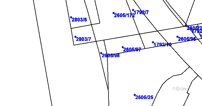 Parcela st. 2605/98 v KÚ Pardubice, Katastrální mapa