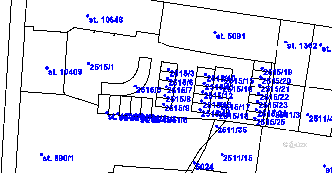 Parcela st. 2515/7 v KÚ Pardubice, Katastrální mapa