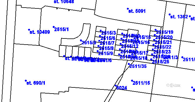 Parcela st. 2515/9 v KÚ Pardubice, Katastrální mapa