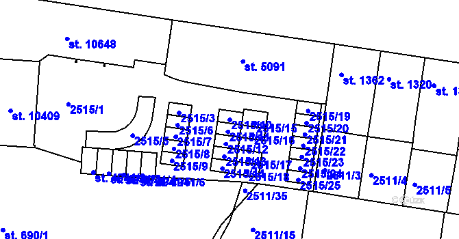 Parcela st. 2515/10 v KÚ Pardubice, Katastrální mapa