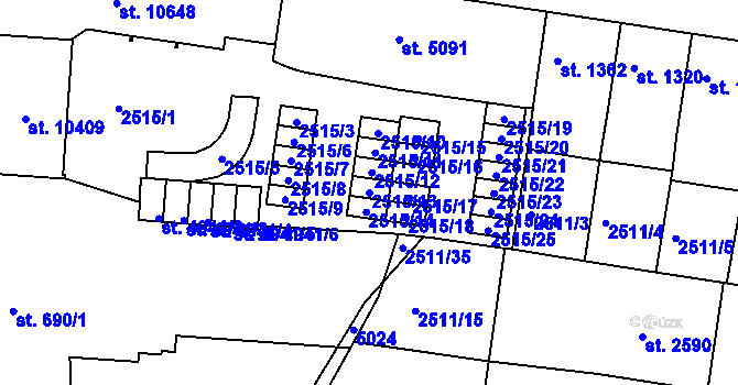 Parcela st. 2515/13 v KÚ Pardubice, Katastrální mapa