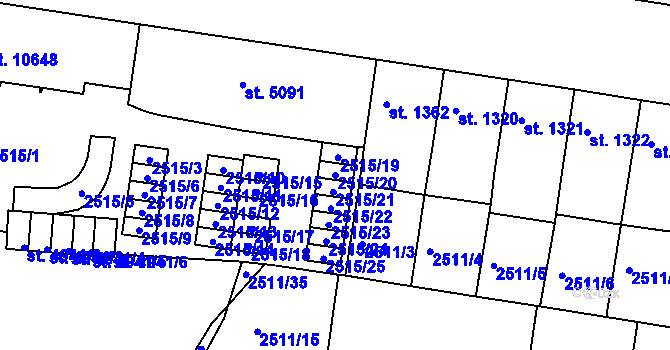 Parcela st. 2515/20 v KÚ Pardubice, Katastrální mapa