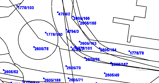 Parcela st. 2605/163 v KÚ Pardubice, Katastrální mapa