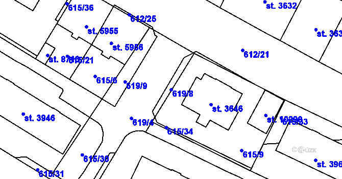 Parcela st. 619/8 v KÚ Pardubice, Katastrální mapa