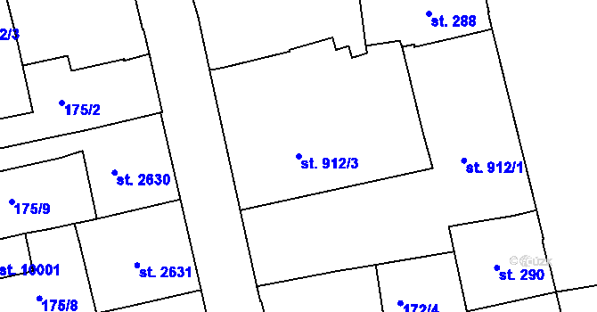 Parcela st. 912/3 v KÚ Pardubice, Katastrální mapa
