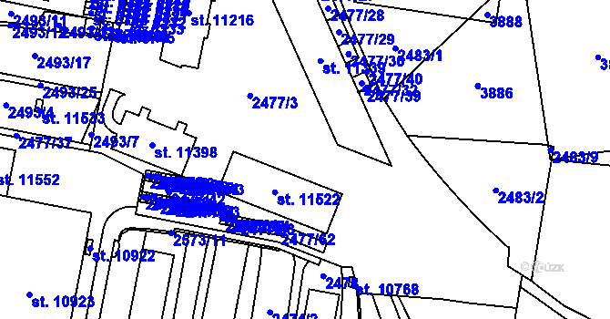 Parcela st. 2477/3 v KÚ Pardubice, Katastrální mapa