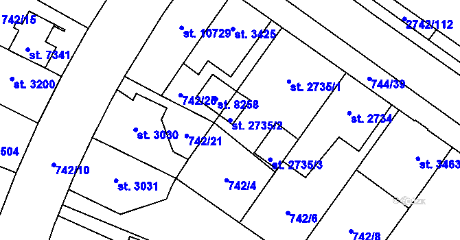 Parcela st. 2735/2 v KÚ Pardubice, Katastrální mapa