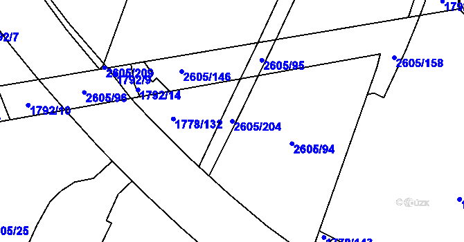 Parcela st. 2605/204 v KÚ Pardubice, Katastrální mapa