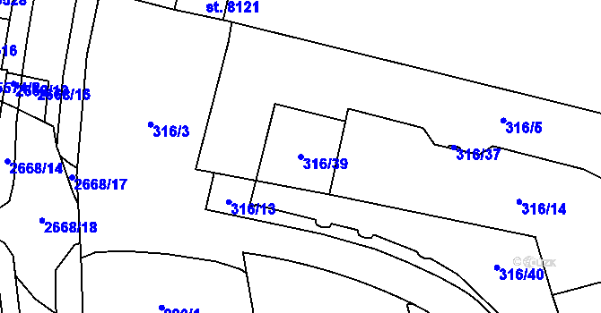 Parcela st. 316/39 v KÚ Pardubice, Katastrální mapa