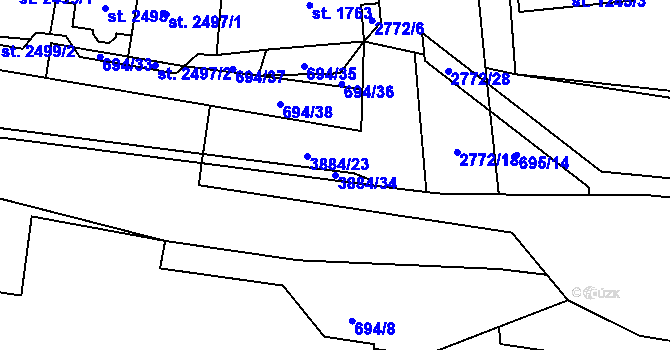 Parcela st. 3884/34 v KÚ Pardubice, Katastrální mapa