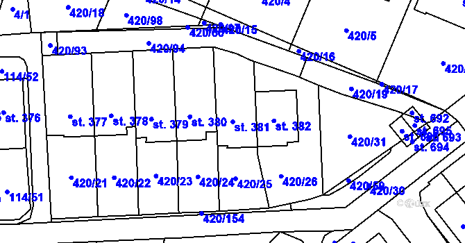 Parcela st. 381 v KÚ Trnová, Katastrální mapa