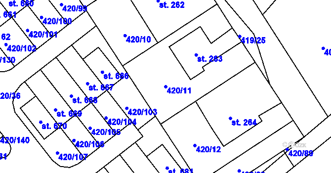 Parcela st. 420/11 v KÚ Trnová, Katastrální mapa