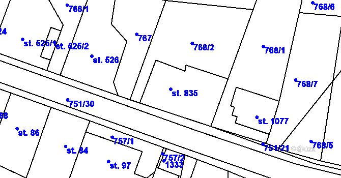 Parcela st. 835 v KÚ Svítkov, Katastrální mapa