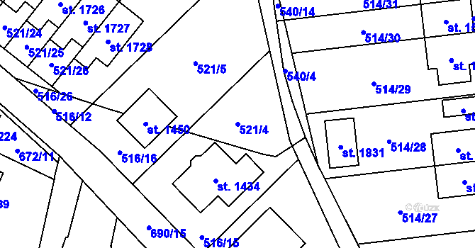 Parcela st. 521/4 v KÚ Svítkov, Katastrální mapa