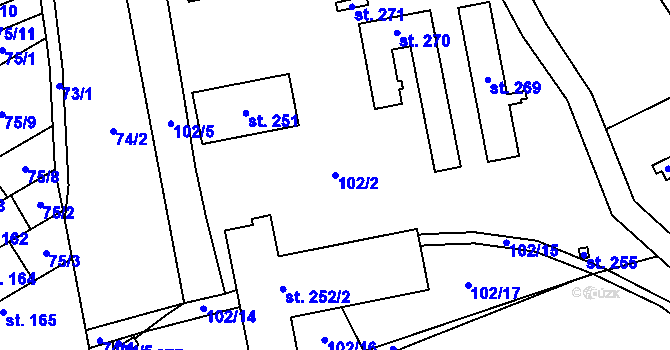 Parcela st. 102/2 v KÚ Pátek u Poděbrad, Katastrální mapa