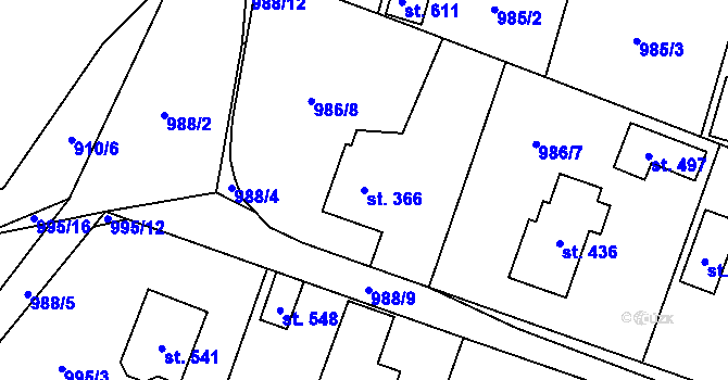 Parcela st. 366 v KÚ Pecerady, Katastrální mapa