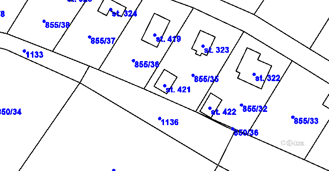 Parcela st. 421 v KÚ Pecerady, Katastrální mapa