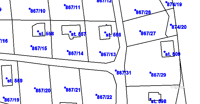 Parcela st. 867/13 v KÚ Pecerady, Katastrální mapa
