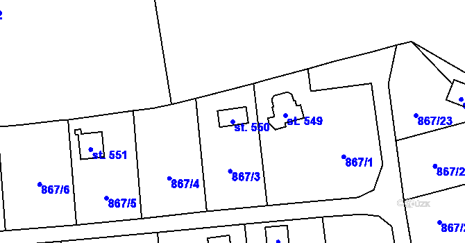 Parcela st. 550 v KÚ Pecerady, Katastrální mapa