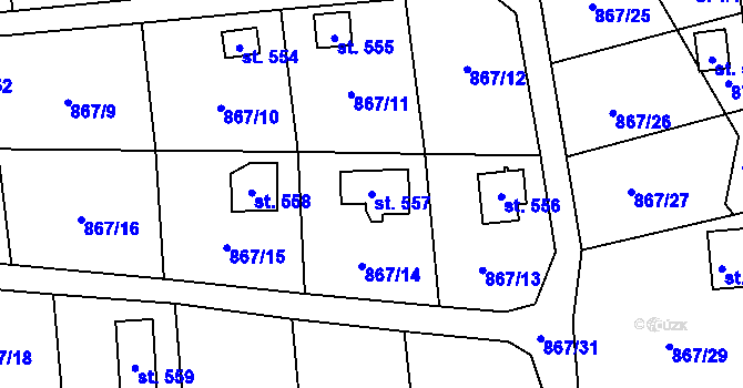 Parcela st. 557 v KÚ Pecerady, Katastrální mapa