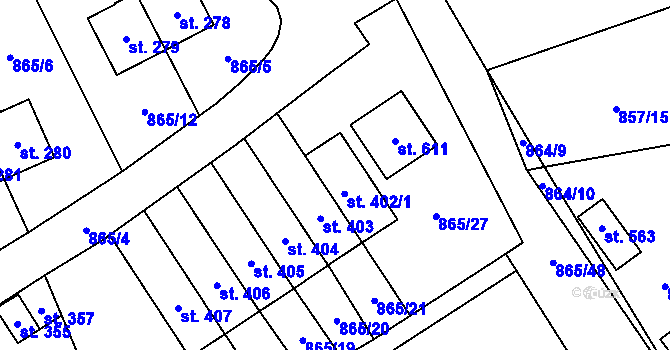 Parcela st. 402/1 v KÚ Pecka, Katastrální mapa