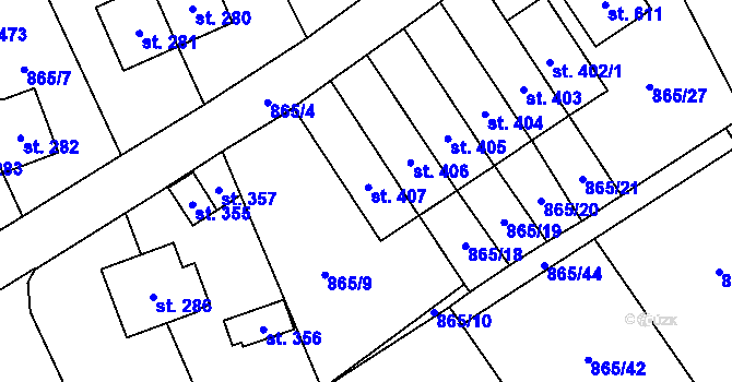 Parcela st. 407 v KÚ Pecka, Katastrální mapa