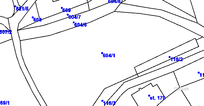 Parcela st. 604/1 v KÚ Pecka, Katastrální mapa
